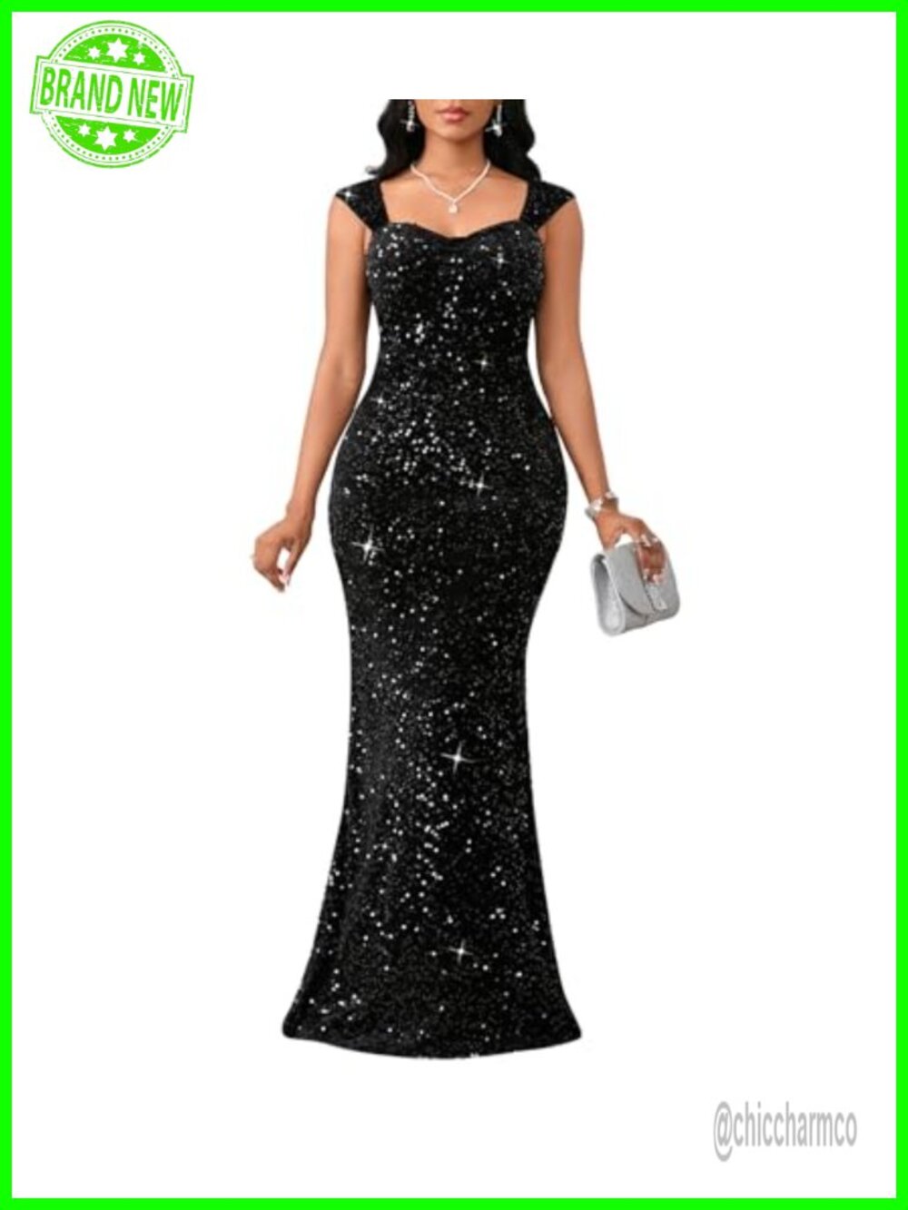 Sequin Mermaid Maxi Dress Sweetheart Neck Cap Sleeve Formal Evening Gown